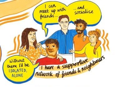 Cartoon image or people standing together 
