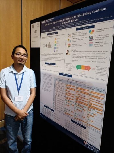 PhD Student Rajeev Shrestha with his poster presentation at the Great North Pharmacy Research Collaborative (GNPRC) Conference, July 2025